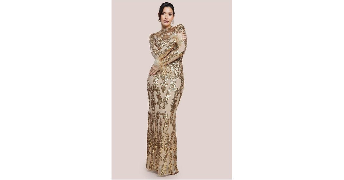 goddiva sequin high neck feather cuff maxi dress reviews Goddiva Sequin High Neck Feather Cuff Maxi Dress in Natural