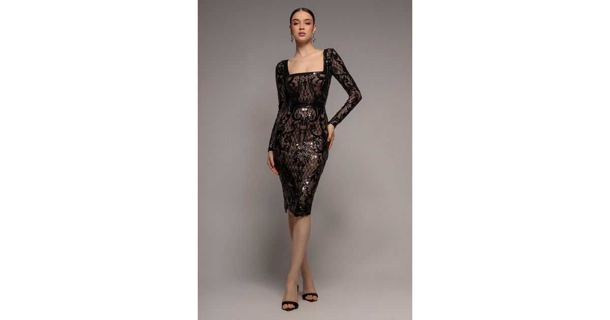 Goddiva Sequin Square Neck Bodycon Midi Dress With Scalloped Hem in