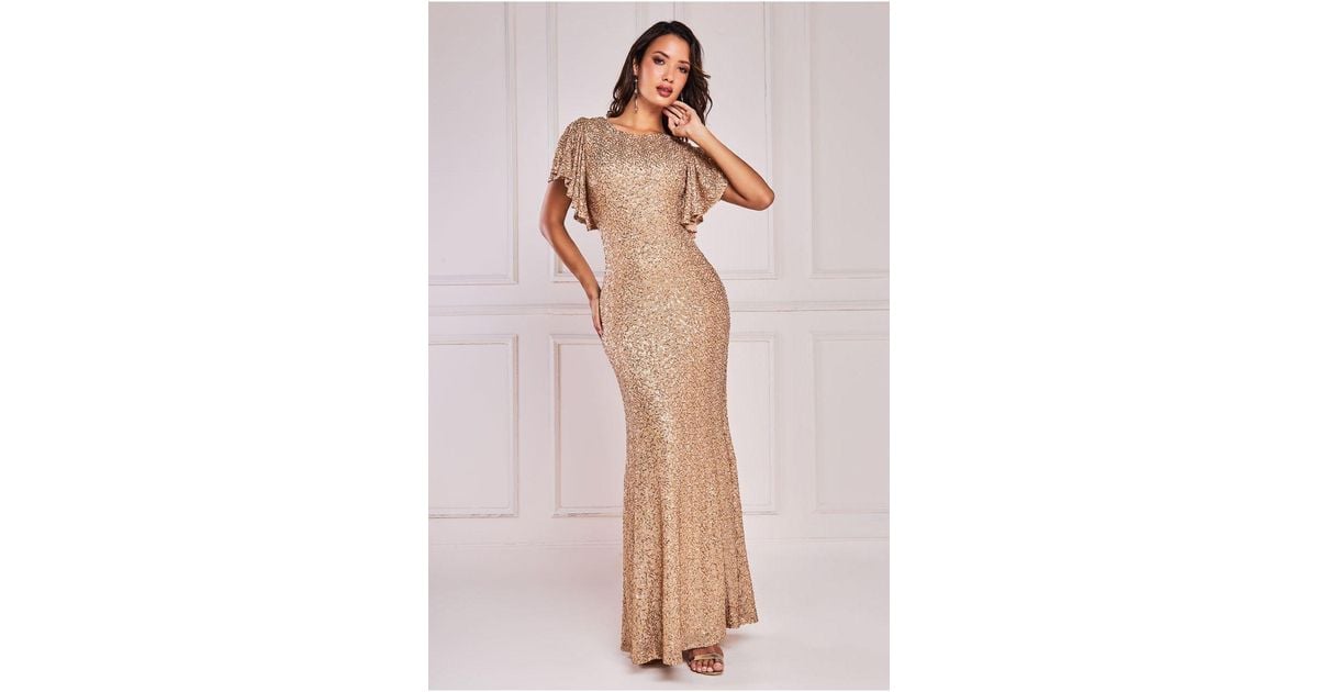 Goddiva Sequin Flutter Sleeve Maxi in Natural | Lyst UK