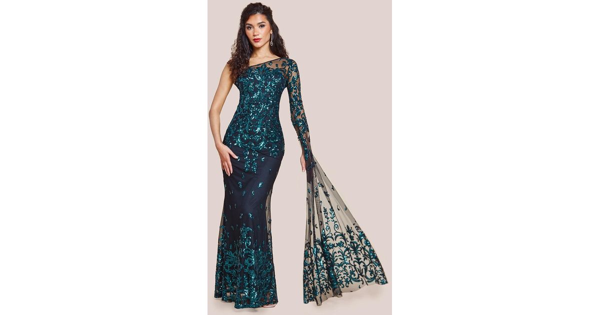 Goddiva One Sleeve Diagonal Sequin Maxi - Gold