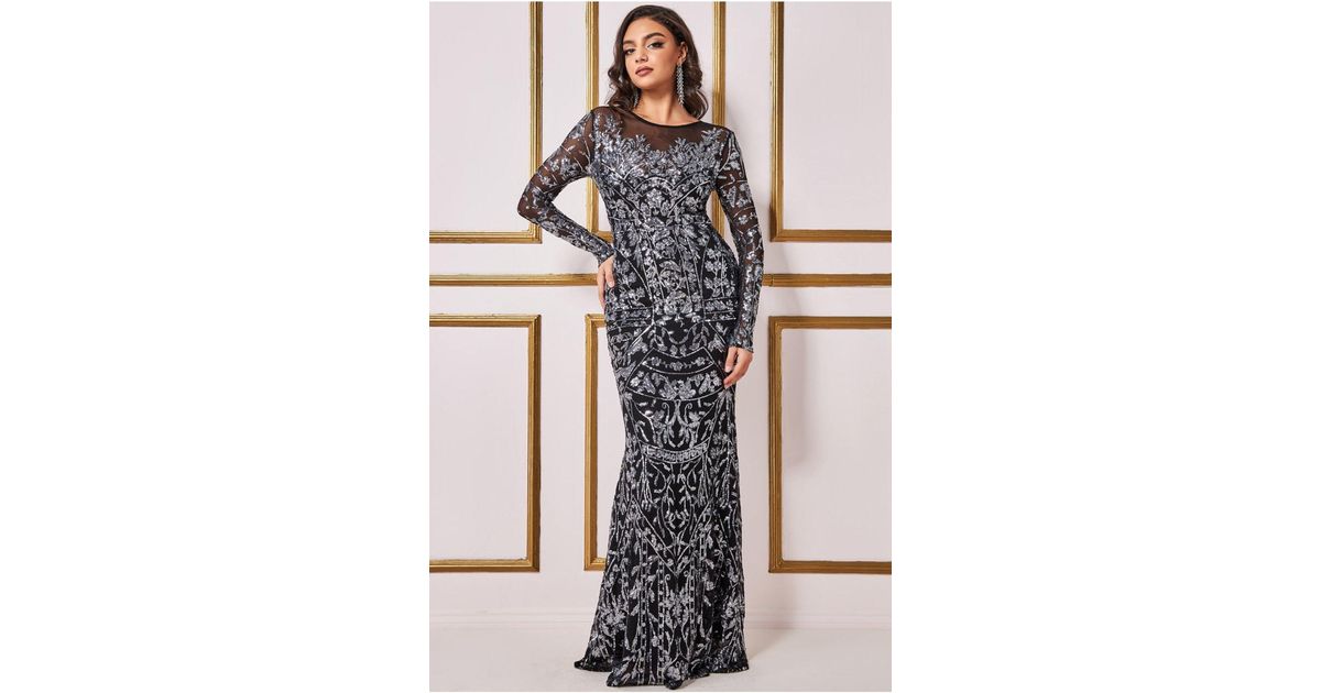 Goddiva Floral Sequin Mesh Maxi - Gold