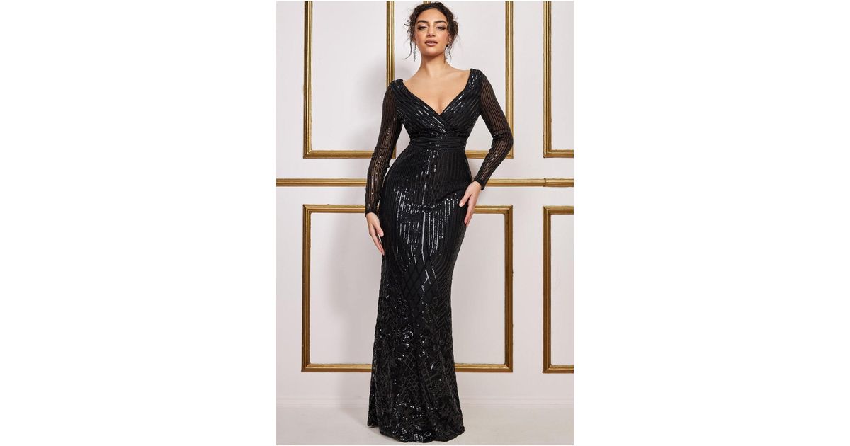 slim fit dress slacks Embroidered Sequin & Mesh Maxi Dress - Black V-neck main image 1