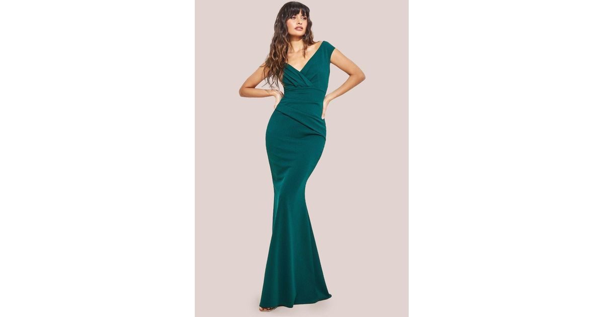 Goddiva Plus Bardot Pleated Midi Dress - Emerald Green