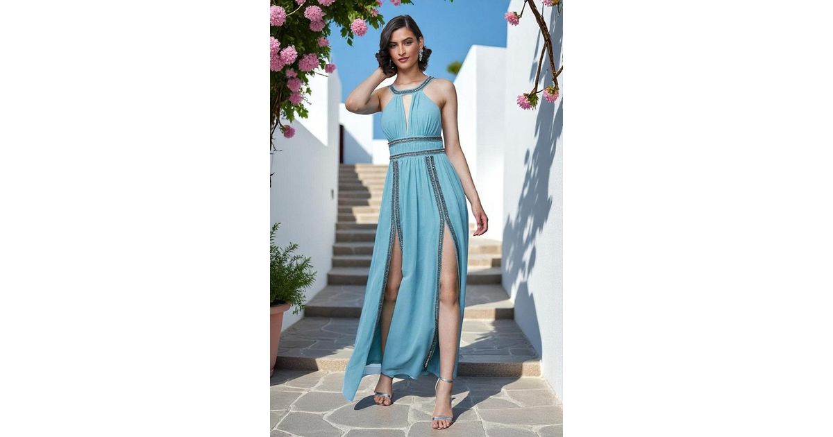 chinese dress ladies Dance With Me Maxi Halter Dress Powder Blue