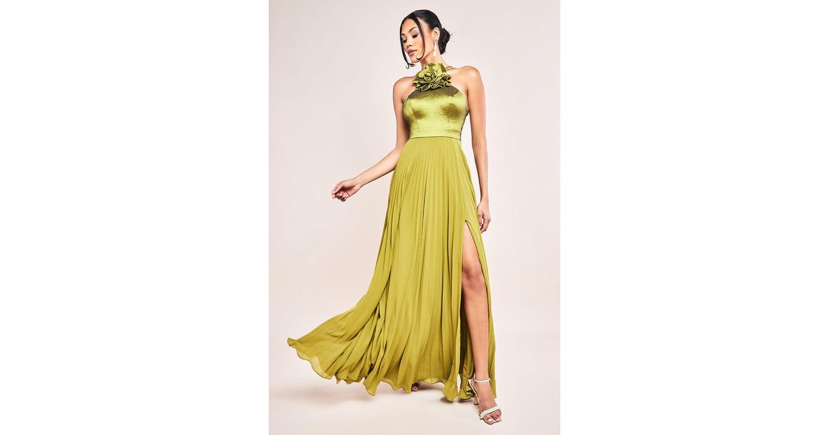 Goddiva Pleated Chiffon Corsage Halter Strappy Maxi Dress in Yellow Lyst