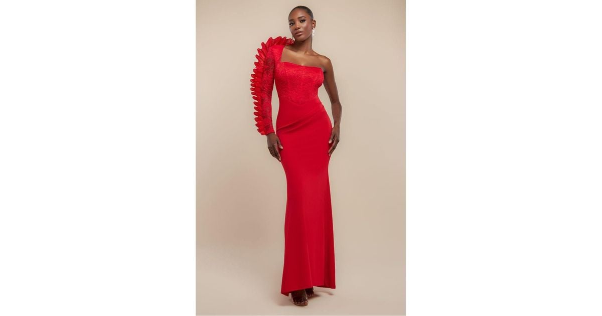 Goddiva One Shoulder Organza Fan Detail Lace Bodice Maxi Dress in Red | Lyst