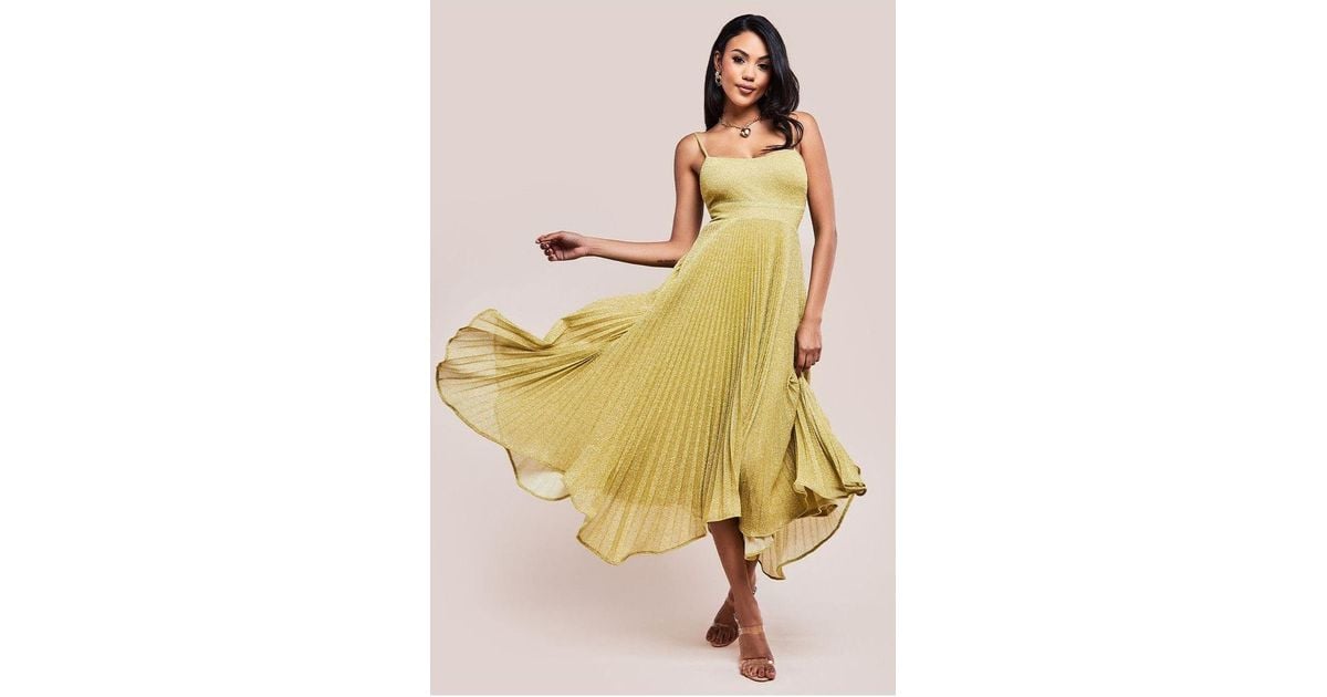 Goddiva Pleated Lurex Midi Dress Tie Back in Yellow | Lyst