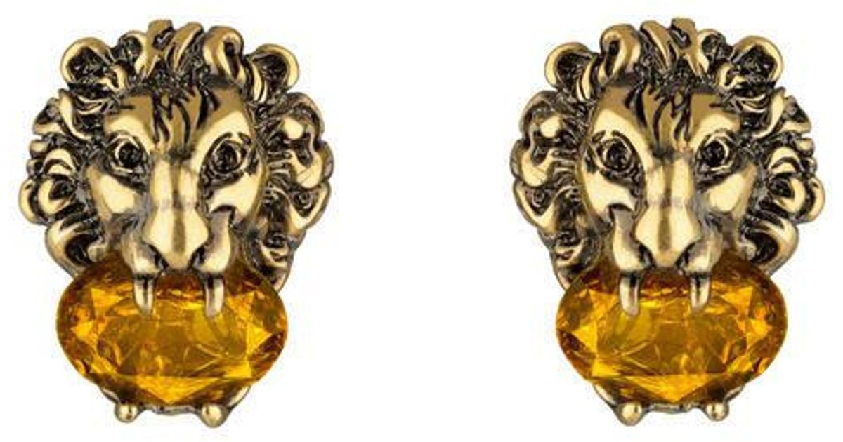 Gucci Lion Head Earrings With Crystals | Lyst