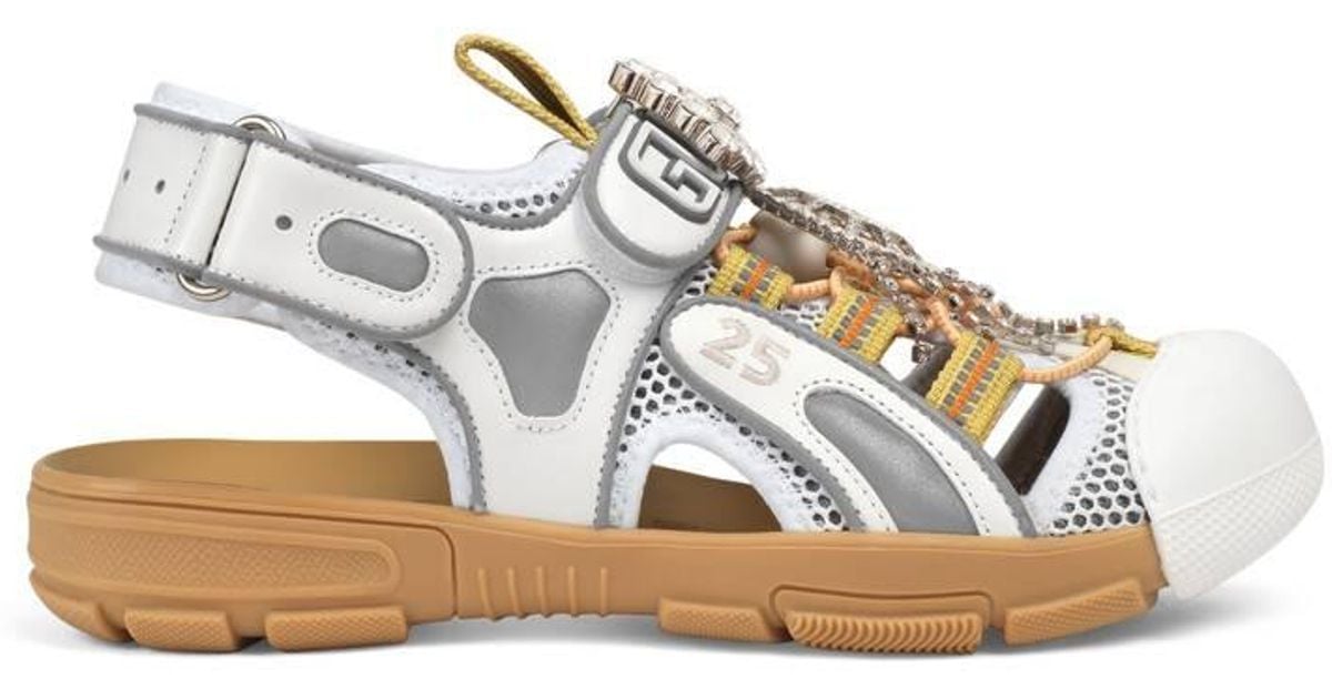 gucci leather and mesh sandal with crystals