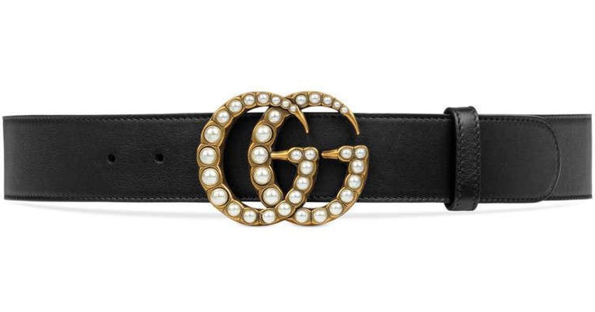 Gucci Leather Belt With Pearl Double G in Black Leather (Black) - Save 7% - Lyst