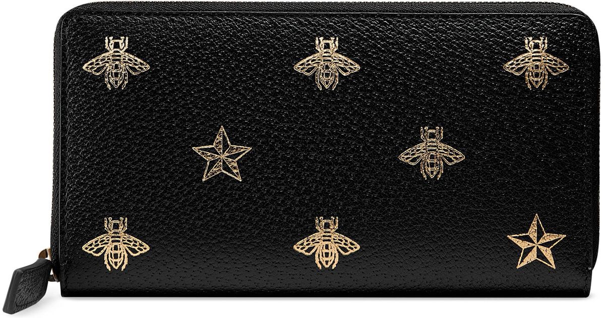 Gucci Bee Star Leather Zip Around Wallet in Black for Men | Lyst