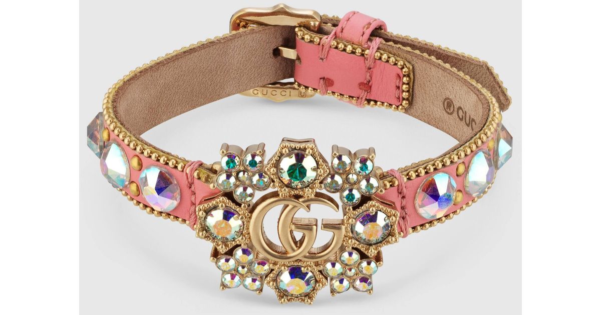 Gucci Double G Crystal Flower Leather Bracelet in Metallic | Lyst
