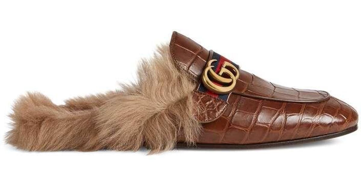 Gucci Fur Princetown Crocodile Slipper 