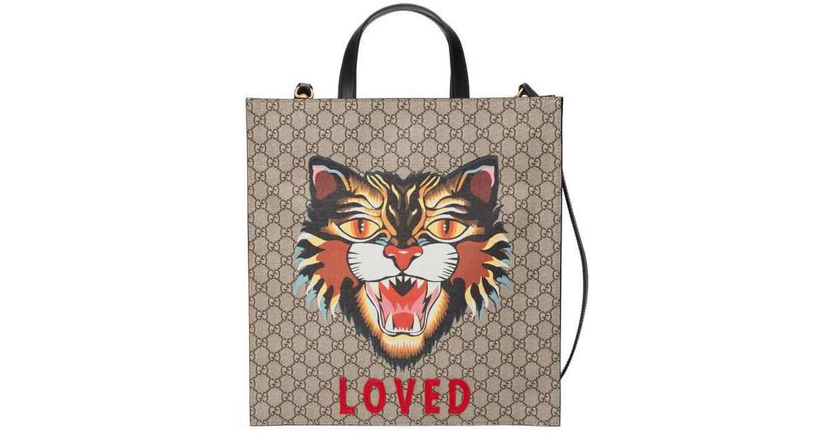 Gucci Canvas Angry Cat Print Gg Supreme Tote | Lyst