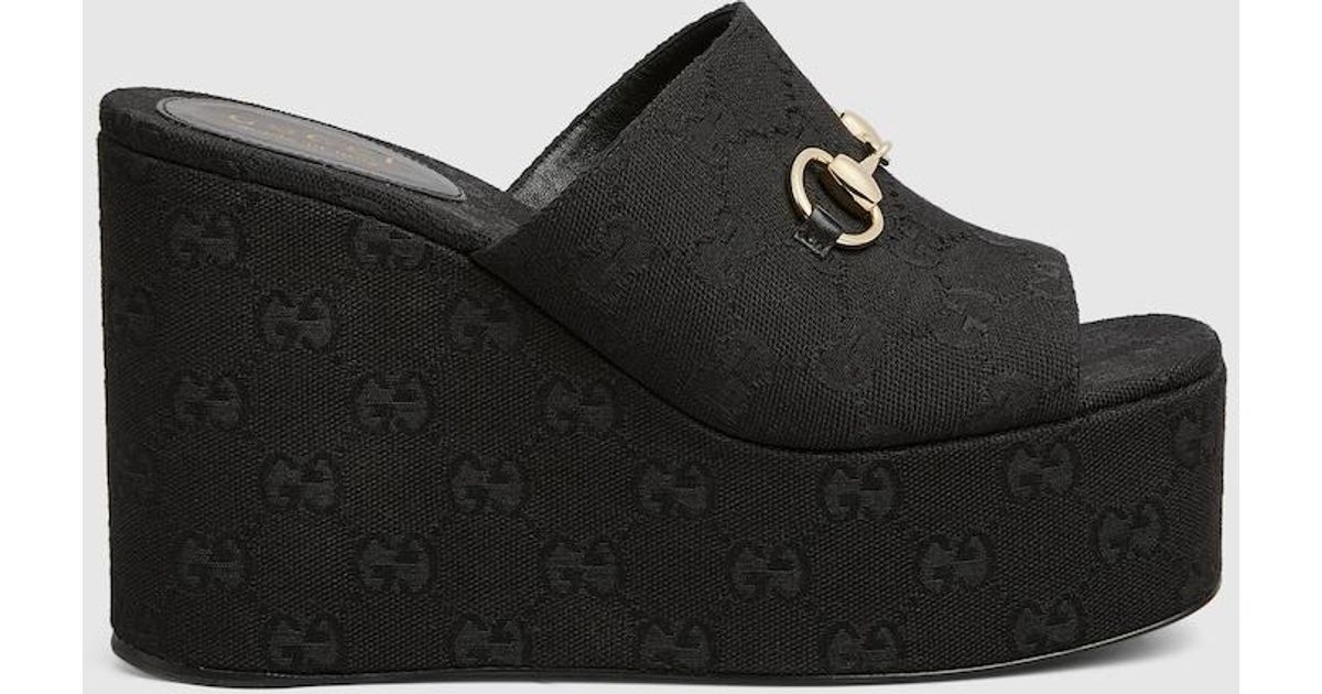 GUCCI 26S WEDGE SANDALS 100 MM IN BLACK DENIM