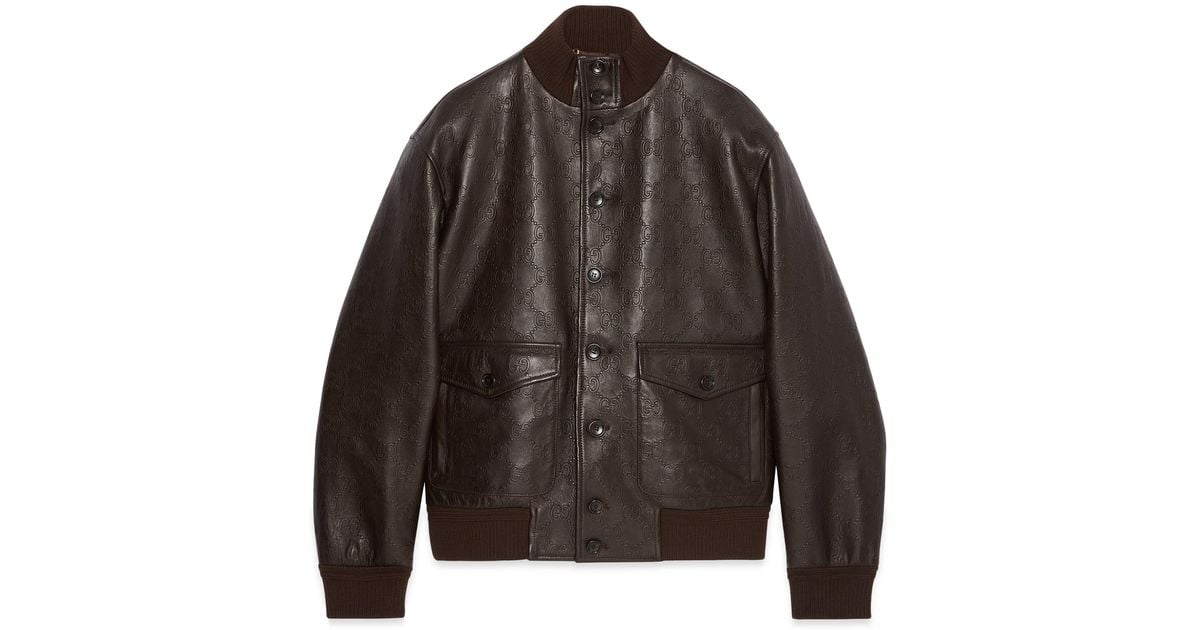 Gucci GG Leather Bomber Jacket in Gray for Men | Lyst