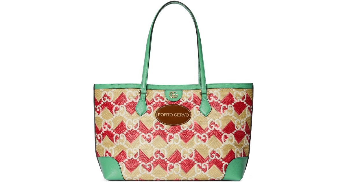 Gucci Leather 'porto Cervo' Straw Effect Tote Bag in Red Lyst UK