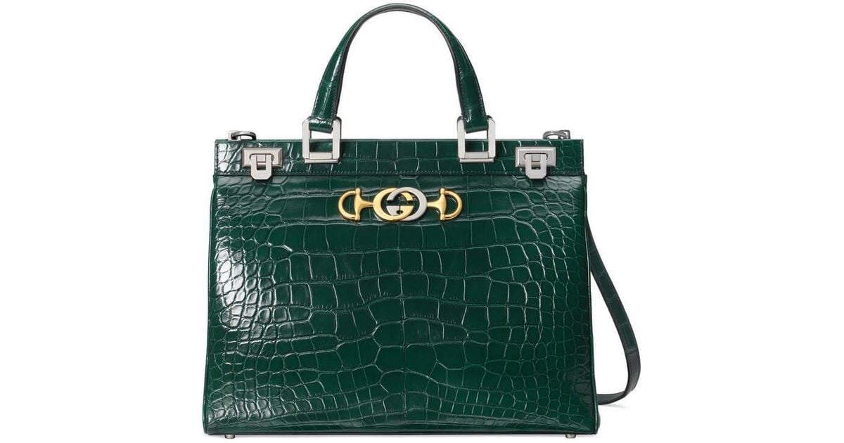 Gucci Zumi Crocodile Medium Top Handle Bag in Green