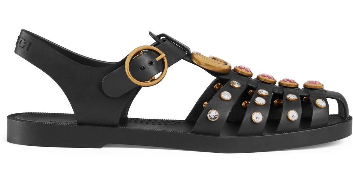 Gucci Rubber Sandal With Crystals in Black - Lyst