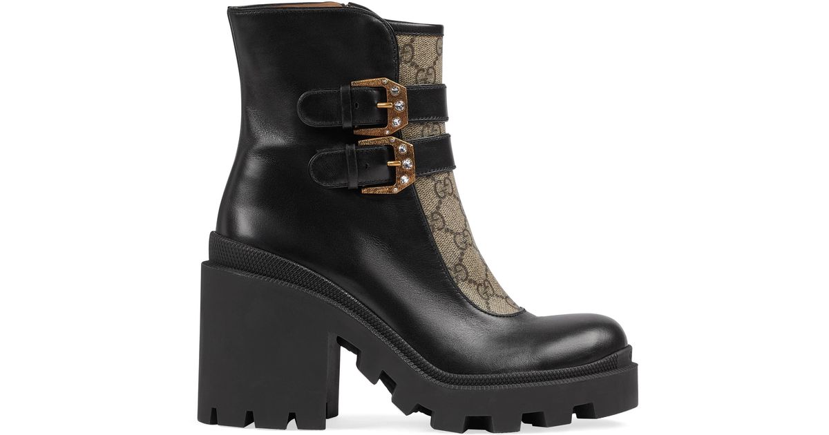 Gucci Canvas gg Ankle Boot With Buckles in Black Lyst