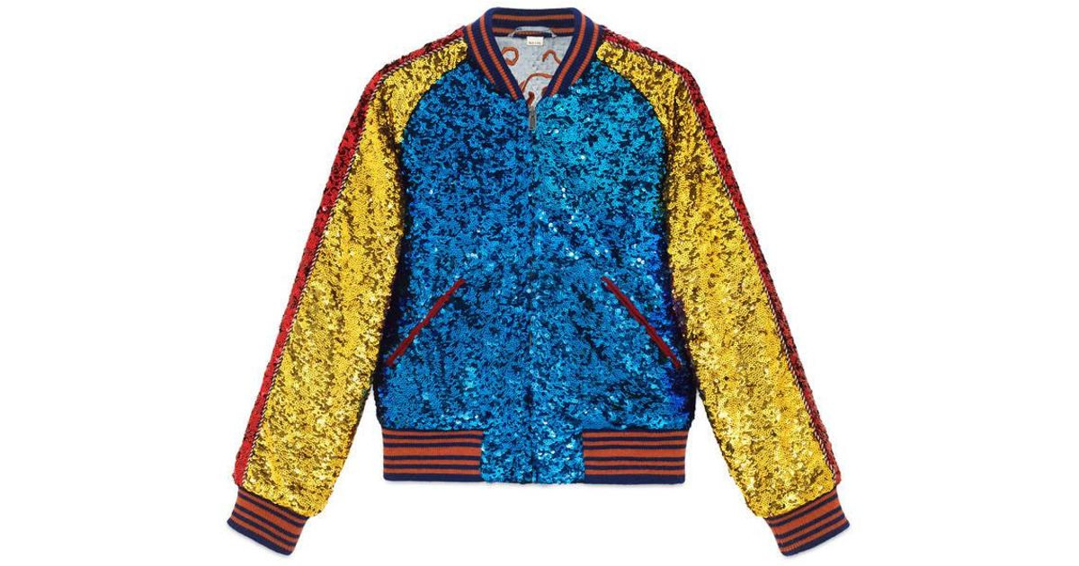 gucci men's blue sequin bomber jacket