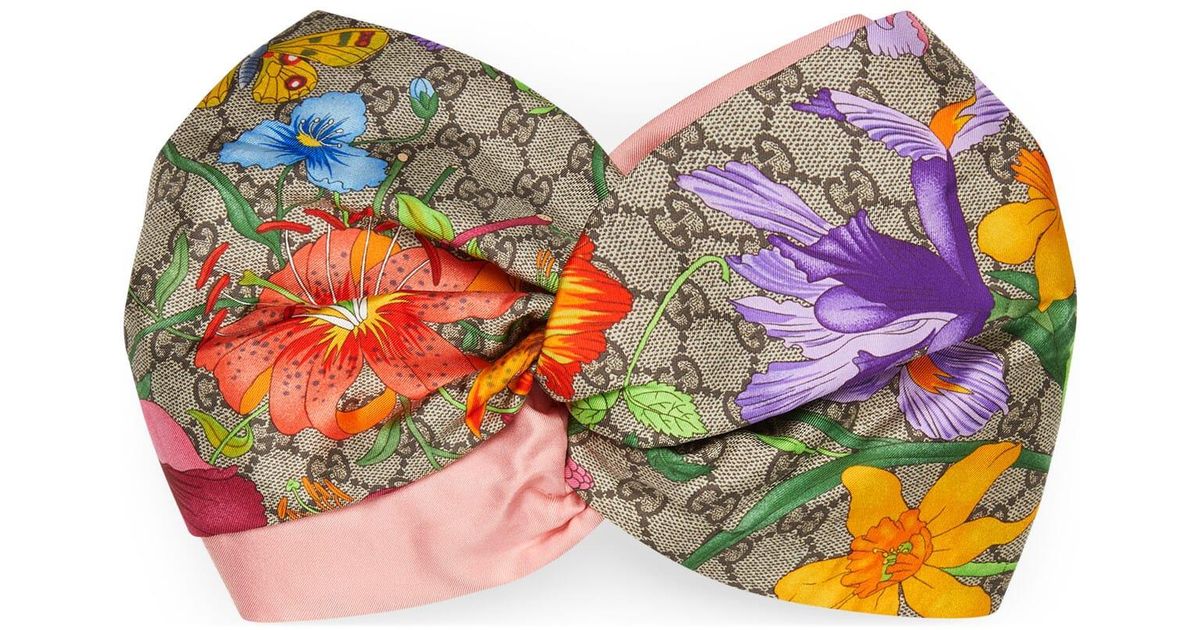Gucci GG Flora Print Silk Headband in Natural Lyst