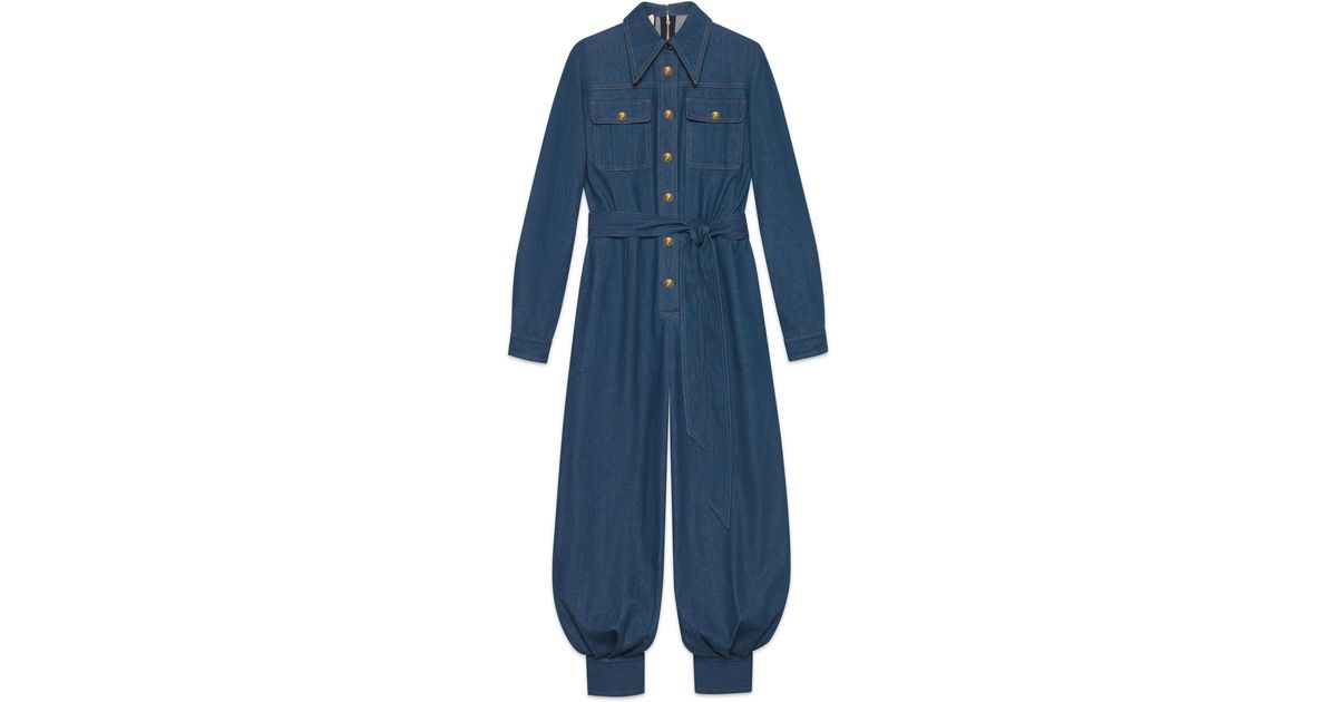 Gucci Belted Denim Jumpsuit in Blue | Lyst