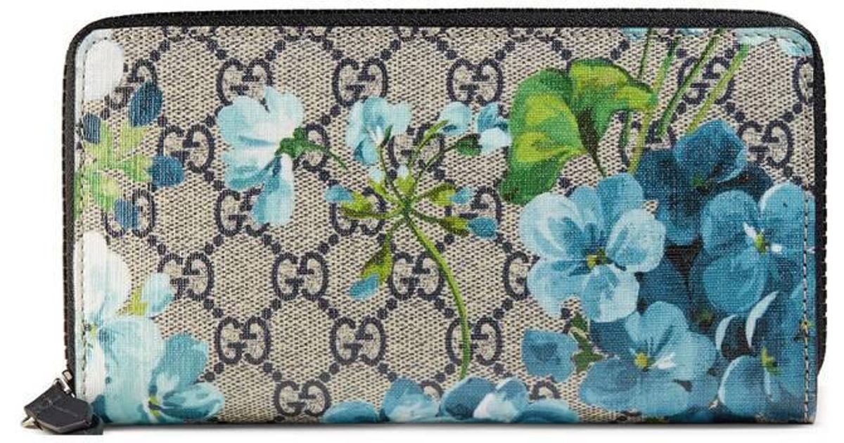 Gucci Canvas Gg Blooms Zip Around Wallet in Blue - Lyst