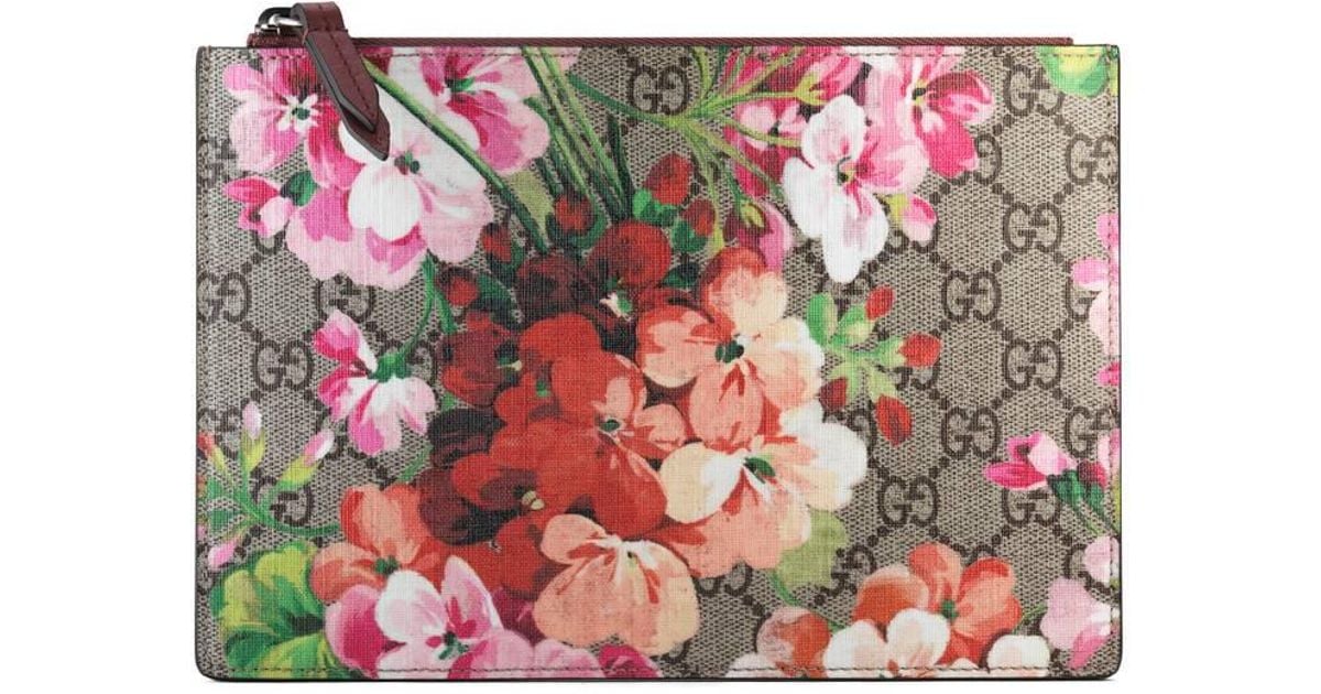 Auth GUCCI GG Blooms Clutch Bag Beige Red PVC Leather Suede w/ Box ,storage  bag