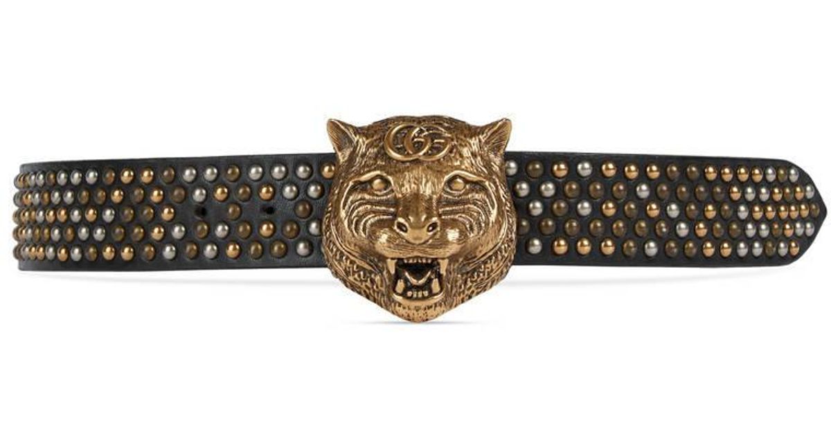 Gucci Studded Leather Belt With Feline 