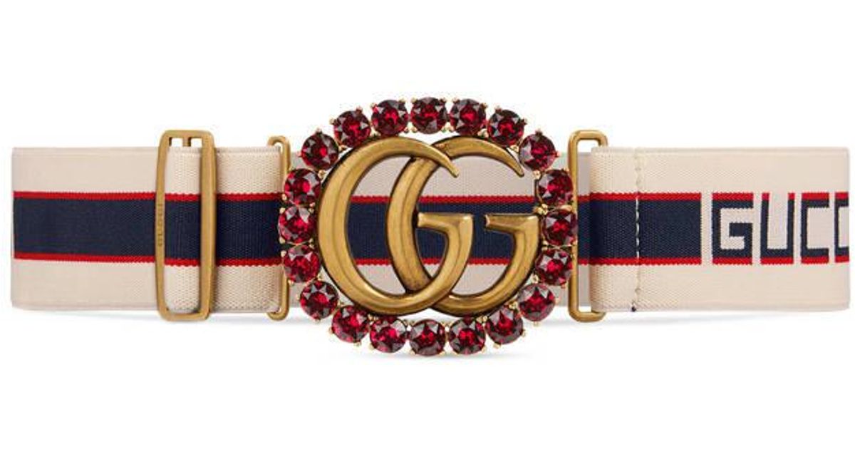 gucci stripe belt with double g and crystals