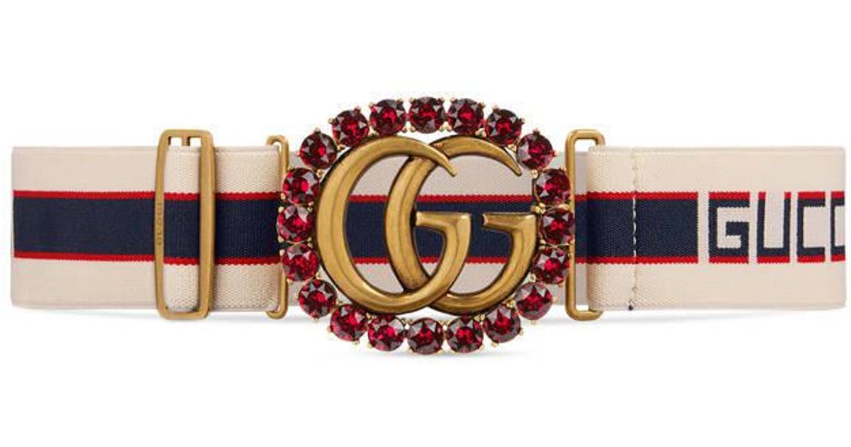 Gucci Stripe Belt With Double G And Crystals in Red | Lyst