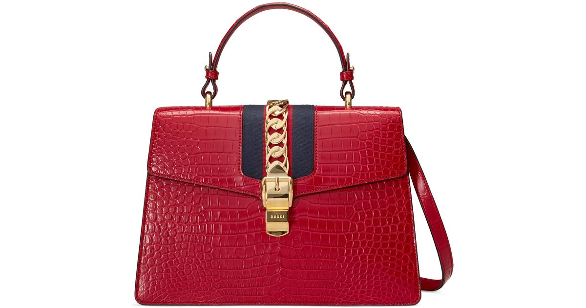 Gucci Sylvie Crocodile Top Handle Bag in Red