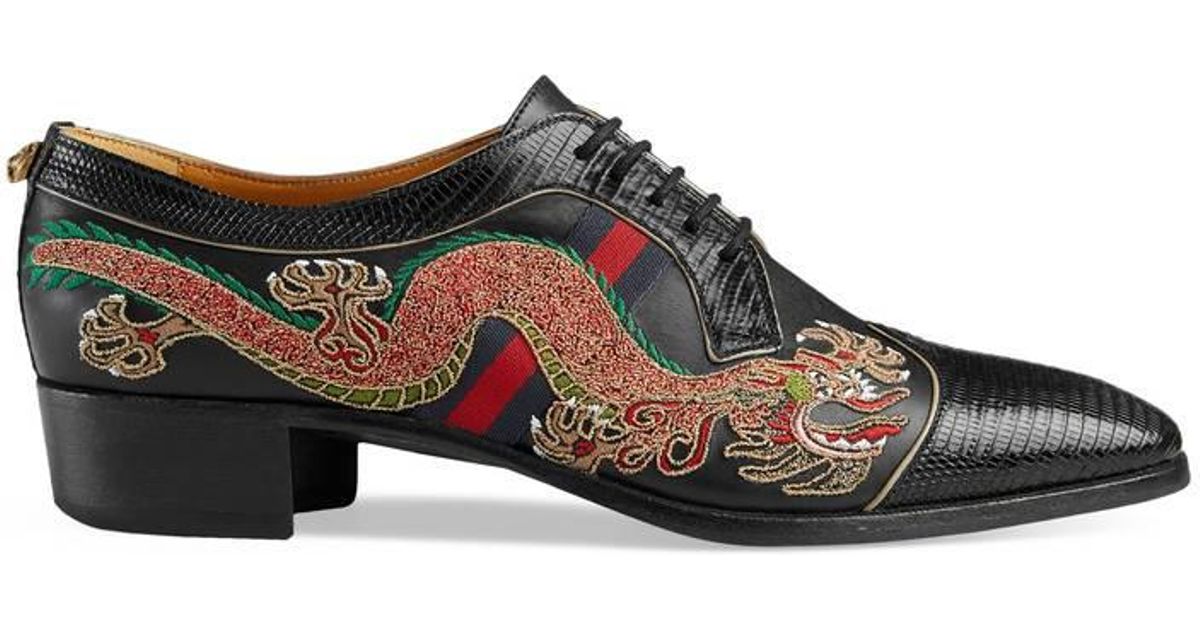 Gucci Leather Dragon-embroidered Lace-up Shoes in Black for Men | Lyst