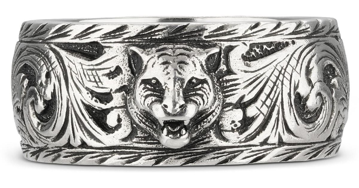Thin silver ring sale with feline head