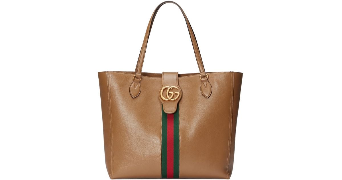 Gucci Leather Medium Tote Bag With Double G And Web in Beige (Natural) |  Lyst