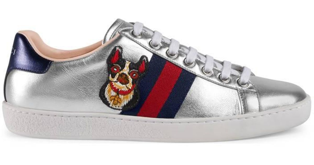 Gucci Leather Womens Ace Embroidered Sneaker in Metallic Silver (Metallic)  - Lyst