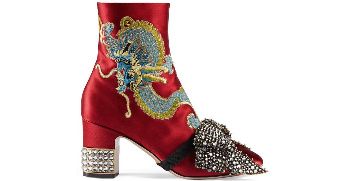Gucci Dragon Satin Mid-heel Ankle Boot 