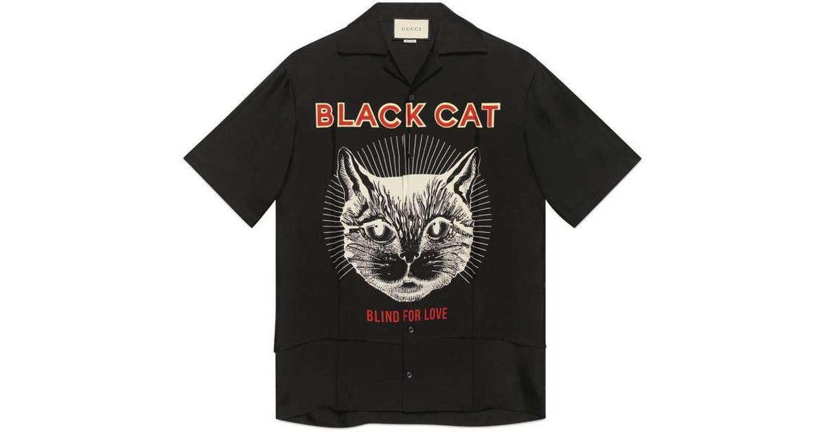 Gucci Black Cat Print Silk Bowling 