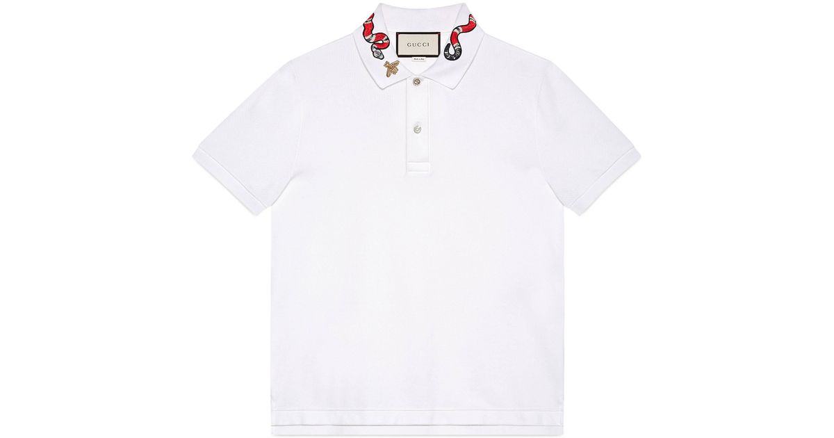 Gucci Cotton Polo With Snake Embroidery in White for Men | Lyst