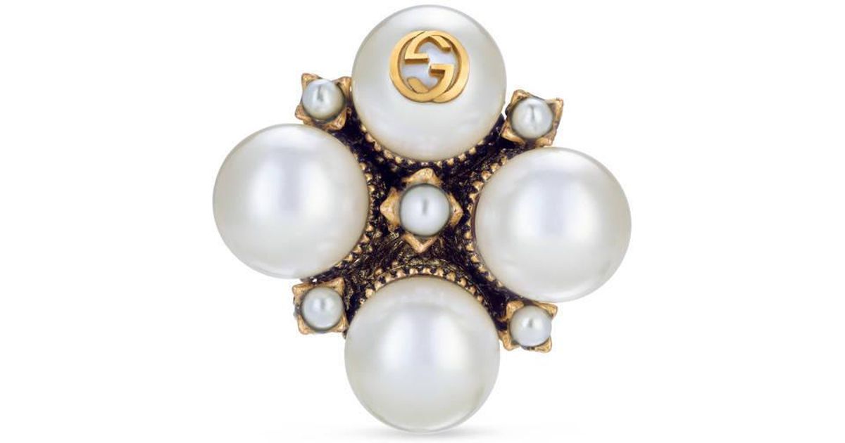 Gucci Textured Ring With Glass Pearl 