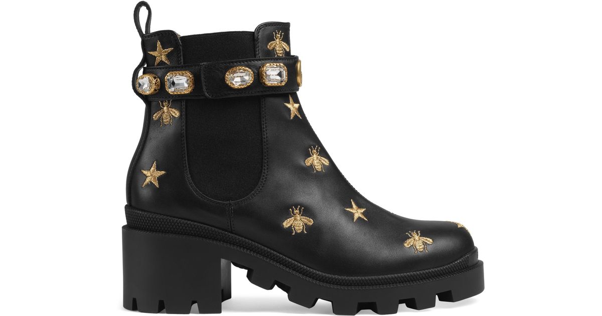 Gucci Embroidered Leather Ankle Boot With Belt in Black - Lyst
