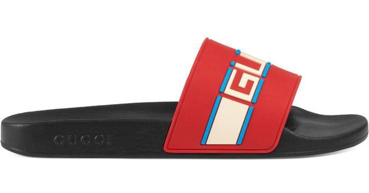 送関込【GUCCI】Pursuittreck ストライプ ラバー スライド gucci-Red-Stripe-Rubber-Slide-