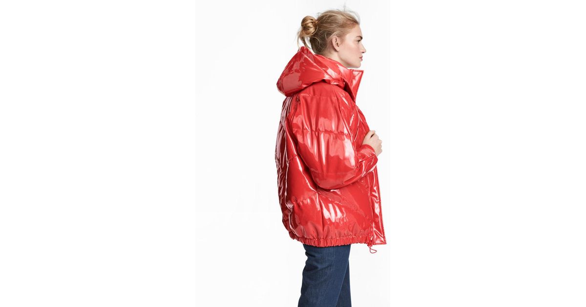 red patent puffer jacket