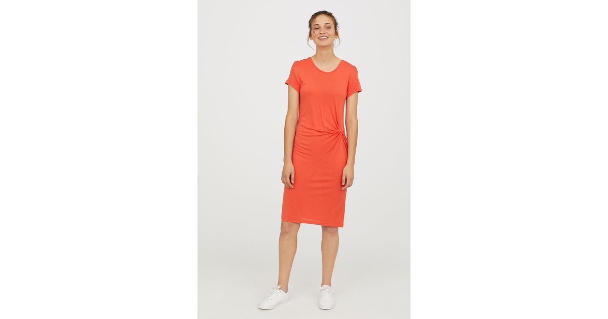 H M Synthetic Draped Jersey Dress In Coral Red Red Lyst