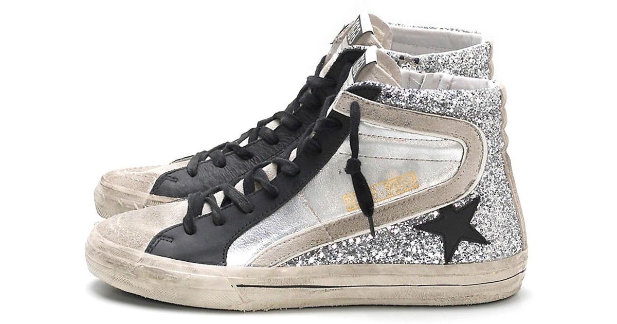 Golden Goose Slide Sneakers In Silver Glitter Leather/black Star in ...
