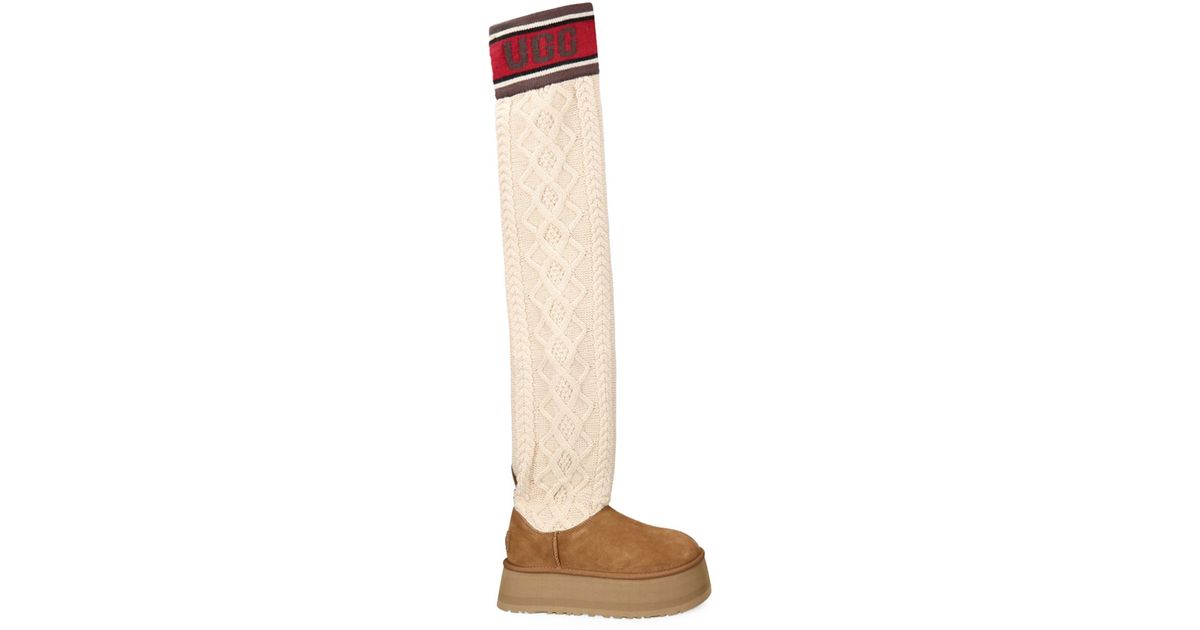 UGG Classic Sweater Letter Ta Knitted Suede High-leg Boots in White | Lyst