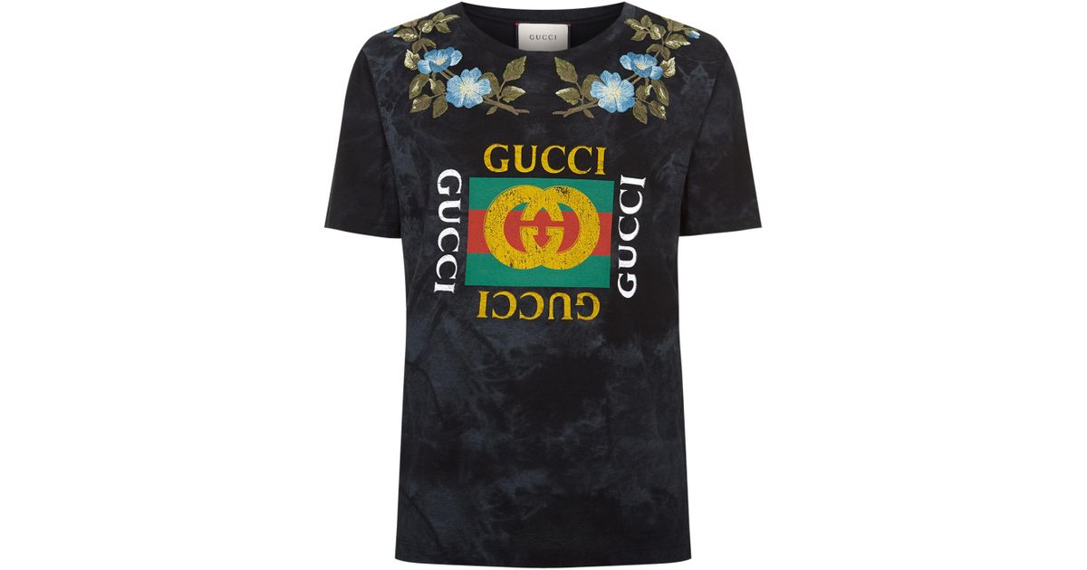Viewer Specificitet i gang Gucci Embroidered Floral Logo T-shirt in Black for Men | Lyst