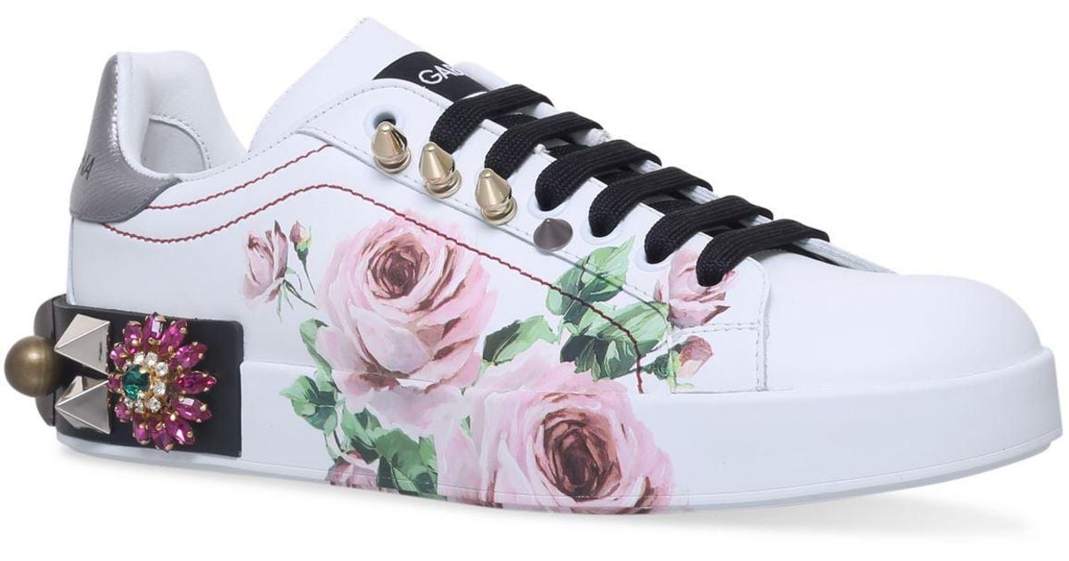 Dolce & Gabbana Embellished Rose Print Sneakers in Pink | Lyst