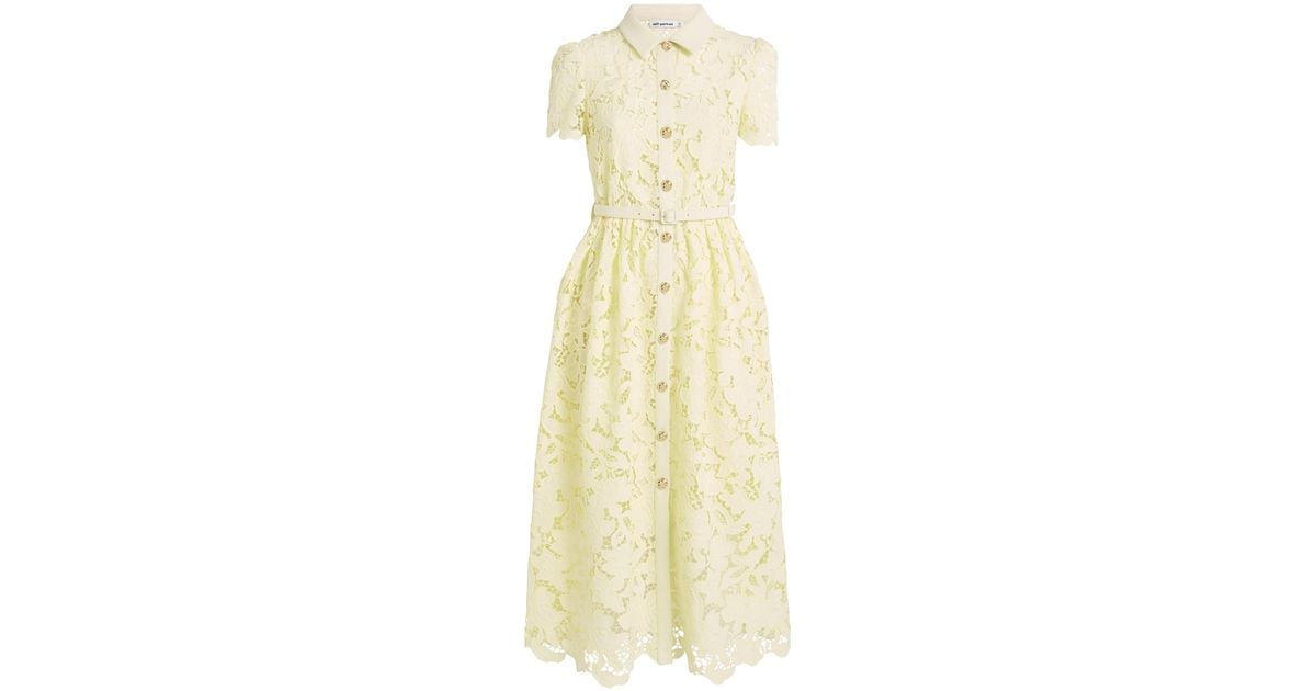 Yellow Self Print Lace Work Flared Knee Length Midi Dress